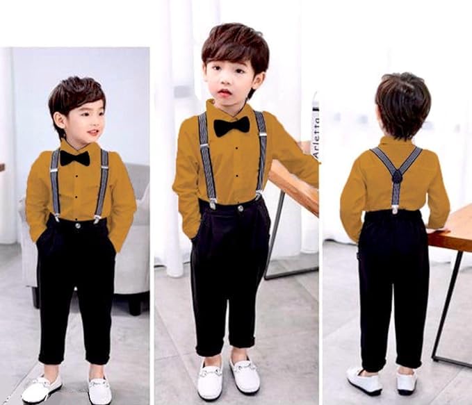 Image of SAGAR IMPEX Boys Cotton Blend Solid Full Sleeves Shirt and Pant Set with Suspender and Bow Tie | Clothing Set for Boys