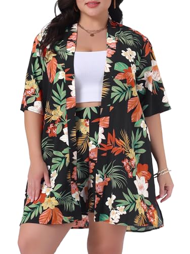 Agnes Orinda Plus Size 2 Piece Outfit for Women Tropical Print Kimono Floral Tops and Shorts Sets Vacation Holiday