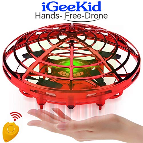iGeeKid Hand Operated Mini Drones Kids Flying Ball Toy Easter Gifts for Boys Girls Age 4-14 Year Infrared Induction Helicopter UFO Drone with 360° Rotating LED Light Outdoor Sports Toy[Red]
