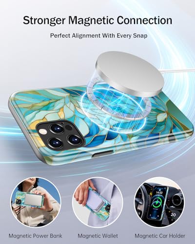 Image of Goodon for iPhone 12 Pro Max Case Cute - Wireless Charging Compatible - Dual-Layer Hard Shell + Silicone Cover - Protective Phone Case with Trendy Designs for Women - Blue Leaves Flower