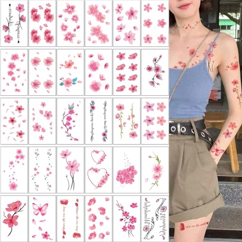 30 Sheets Pink Flower Temporary Tattoos for Women Girls 3D Cherry Blossom Floral Sexy Fake Tattoo Stickers Waterproof Body Art Temp Tattoo Paper (S30 A)