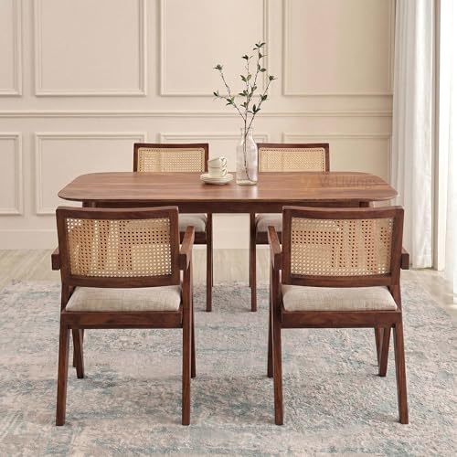 Image of VeLivings Solid Sheesham Wood 4 Seater Dining Table Set with Cane Back Chairs with Cushions for Dining Room | Living Room | Home & Office | Hotels Restaurant & Cafe (Honey Finish)