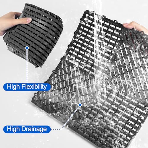 Image of ToLanbbt Modular Interlocking Cushion 12P 11.8 inch x 11.8 inch Interlocking Rubber Floor Drain Holes Non-Slip Splicing Drainage Mats for Deck, Shower, Kitchen, Drain Pool, Sauna Bath (Black, Diagonal)