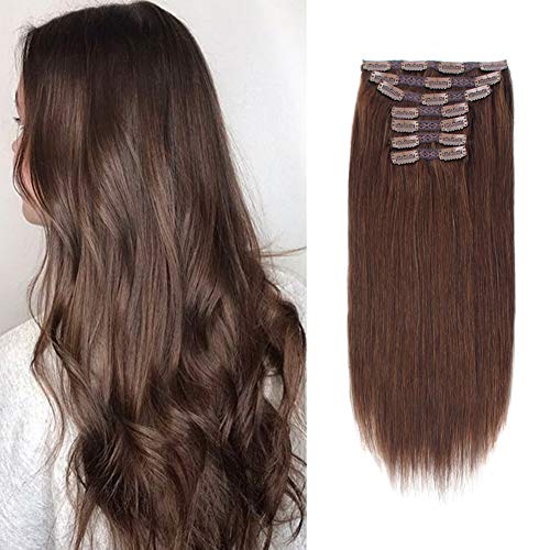 Sassina Remy Clip in Hair Extensions Human Hair, Full Head Double Wefts, 7 Pieces with 18 Clips Light Chocolate Brown #4, 22 Inch 140 Grams