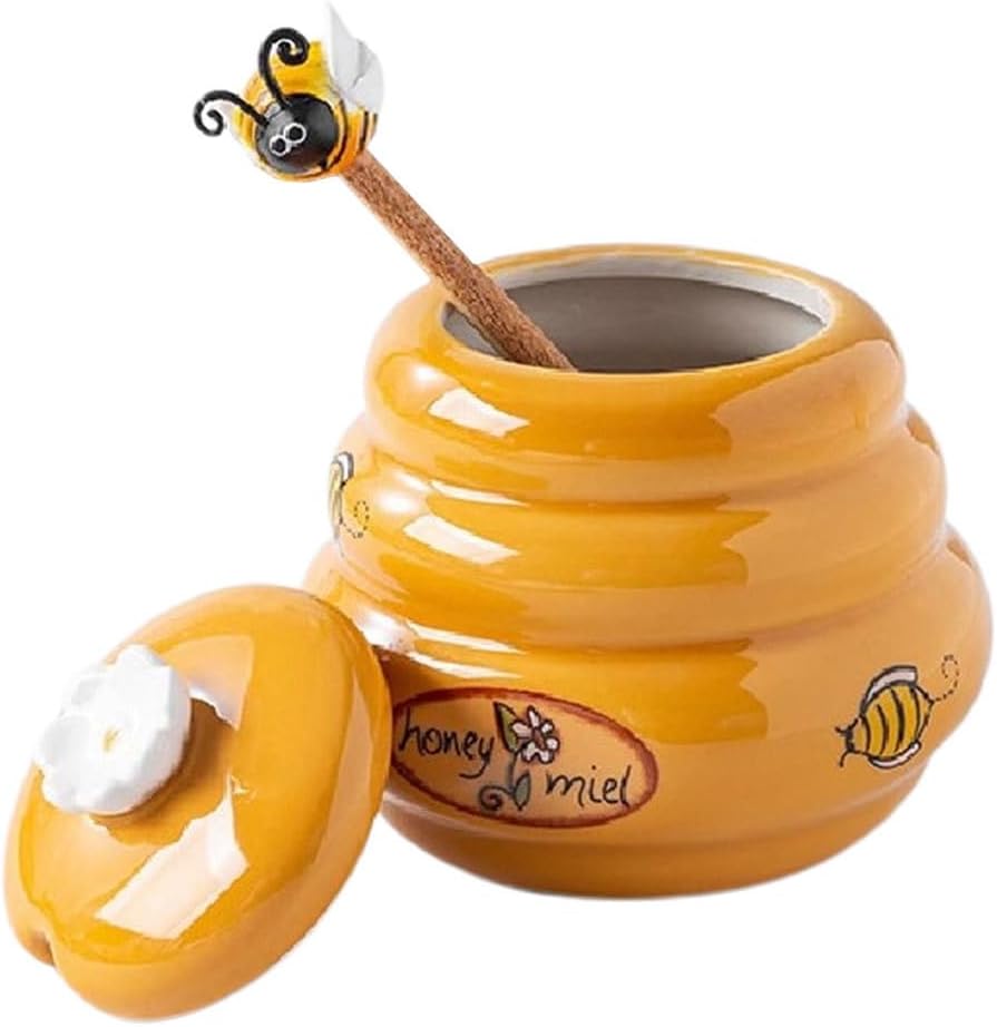 Alipis Ceramic Honey Jar with Lid and Wooden Dipper 4.7Oz Small Honey Storage Pot for Kitchen Tabletop Container and Syrup Dispenser