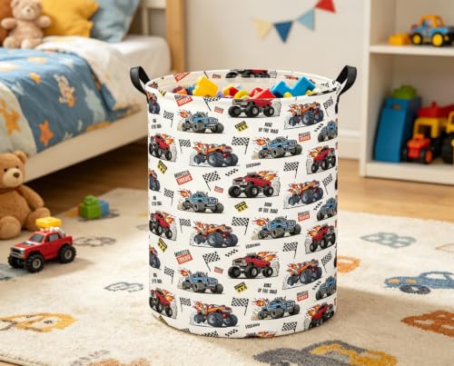 Image of Baby Laundry Basket Kids Hamper Toy Storage Bin for Boys Room Decor Baby Nursery Hamper Gift Baskets for Bedroom Bathroom(Monster Truck)