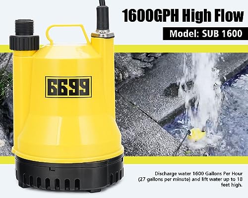 Image of Submersible Water Pump 1 /4 HP 1600GPH Thermoplastic Utility Pump Electric Portable Transfer Water Pump with 10-Foot Cord for Pool Tub Garden Pond Draining