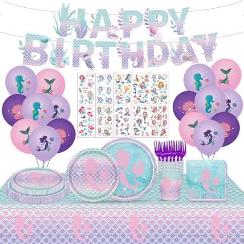 Poqirzan 108PCS Mermaid Birthday Party Decorations Mermaid Party Supplies Include Mermaid Paper Plates and Napkins Tableware Balloons Temporary Tattoos Mermaid Under the Sea Birthday Party Serve 16