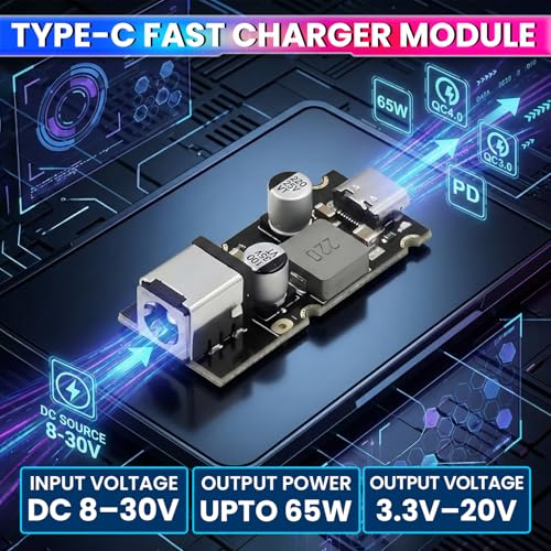 Image of amiciSolar 65W Type-C Fast Charger Module QC4.0 / QC3.0 & PD3.1 (PPS) | DC 8-30V Input DIY USB-C Charging Board for Laptops, Mobiles & Tablets | High Efficiency Fast Charge Module