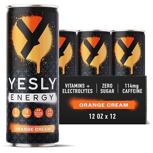 Yesly Energy Drink, Orange Cream, Naturally Flavored Sparkling Energy Drink With Electrolytes, Magnesium, Potassium, Vitamin C, B6 & B12, Natural Caffeine From Green Tea, 12 Fl Oz Cans, 12 Pack