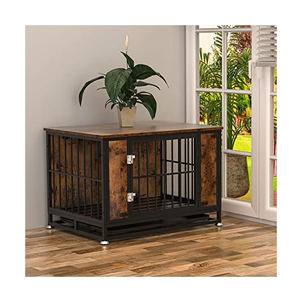 Snimoy-Dog-Crate-End-Table-Heavy-Duty-Pet-Cage-Decorative-Furniture-Wood-Metal-Dog-House-Indoor-with-Removable-Tray-for-Small-Medium-Dog-33-x-23-x-24-Inches Wood Metal Dog House