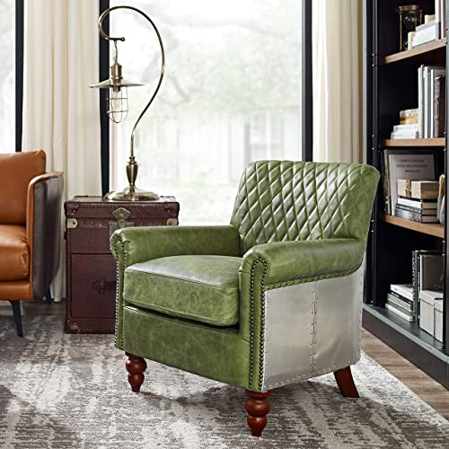 Volans Genuine Leather Chair, Vintage Mid Century Genuine Leather Accent Chair With Wood Legs, Industrial Aluminum Wrapped And Riveted Arm Chair, Emerald #TOP13