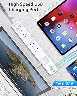 2 Pack Power Strip Surge Protector - 5 Widely Spaced Outlets 3 USB Charging Ports, 1875W/15A with 5Ft Braided Extension Cord, Flat Plug, Overload Surge Protection, Wall Mount for Home Office,White