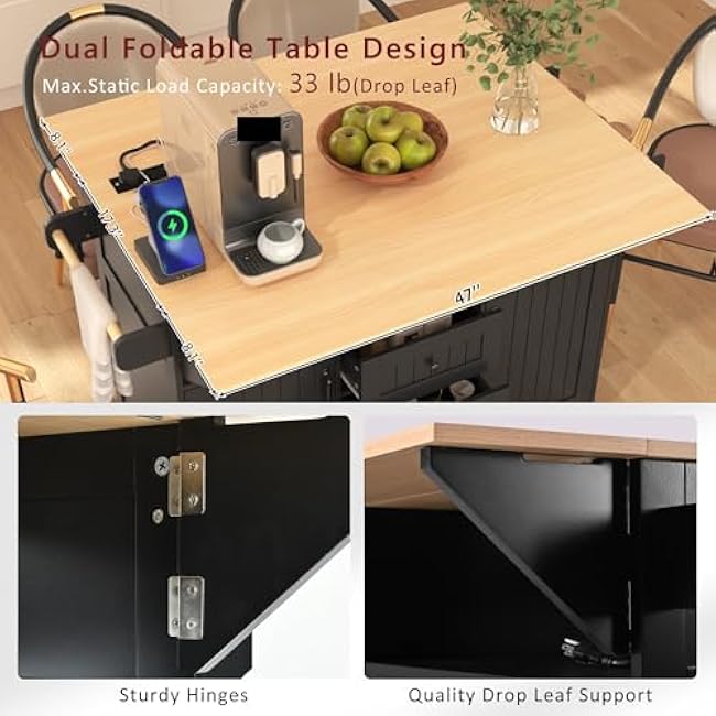 55.7'' Large Kitchen Island with 2 Drop Leaf, Rolling Kitchen Cart on 5 Wheels with Power Outlet, Folding Storage Dining Table-UYi8fM4W