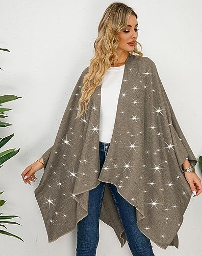 Image of Womens Rhinestones Open Front Poncho Shawl Wrap Cape Ruana Travel Blanket Cardigan