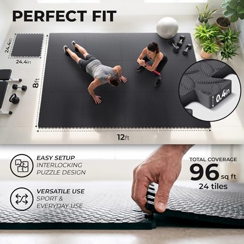 Image of bemaxx Gym Mats Set - 24 pcs EVA Interlocking Foam Floor Tiles (24.4 inchx24.4 inchx0.4 inch) 96 sqft Protective Gym Flooring Sports Home Workout Exercise Mats Puzzle Garage Fitness Play-Room Pool Treadmill Bike
