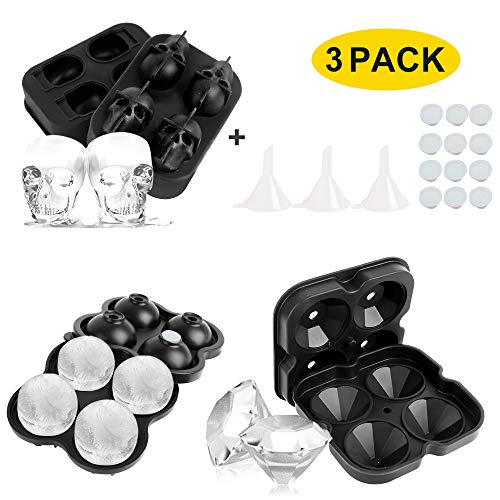 LBLA 3 Pieza Bandejas Cubitos Hielo Silicona con Tapa,Bandejas de Hielo Molde,Tipo Diamante, Tipo Calavera, Esfera con Embudo Tapón Antiolor para Cóctel Whisky o Alimentos Bebés (Negro)