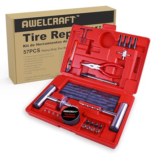 AWELCRAFT 57-Piece Heavy Duty Tire Repair Kit – Flat Tire Plug Kit with T-Handle Tools, Storage Case – Universal for Truck, Car, Motorcycle, Jeep, Tractor – Professional Grade Puncture Repair Set