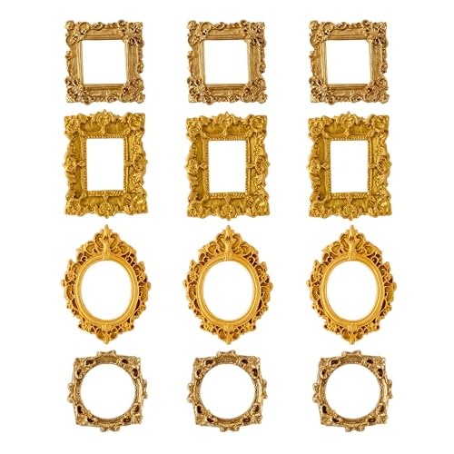 Famjoyart 12 Pcs Mini Photo Frames Set Resin Vintage Christmas Pictures Ornament Small Gallery Wall Frames for Crafts DIY Jewelry Display Hanging Photo Holiday Party Decor Art Box Frame (Gold)