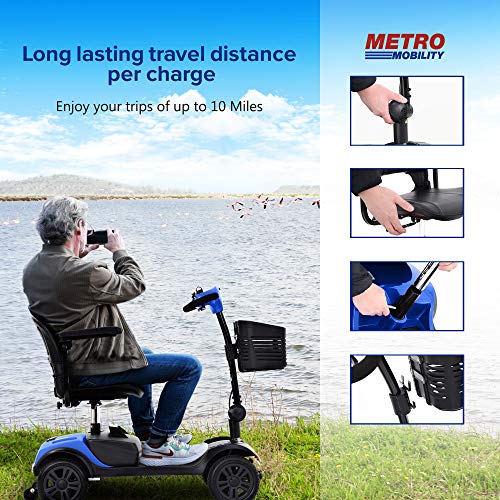 Metro Mobility Lite Compact Travel Electric Power Mobility Scooter for Adults - 265 lbs Max Weight, 4 Wheel, 18 in Width Leather Seats, Large Capacity Lead-Acid Battery, Matte Blue