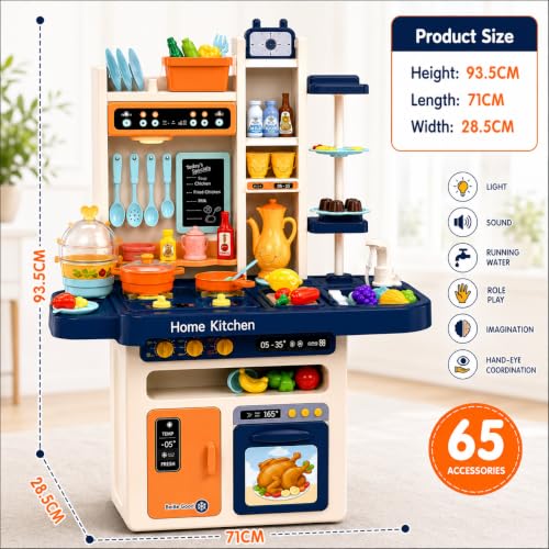 Image of Kids Kitchen Set with Pretend Play Accessories, Water Spray Cooking Effect, Toy Oven, Sink, Storage Shelves & Kitchen Utensils, Role Play Cooking Toy for Boys & Girls