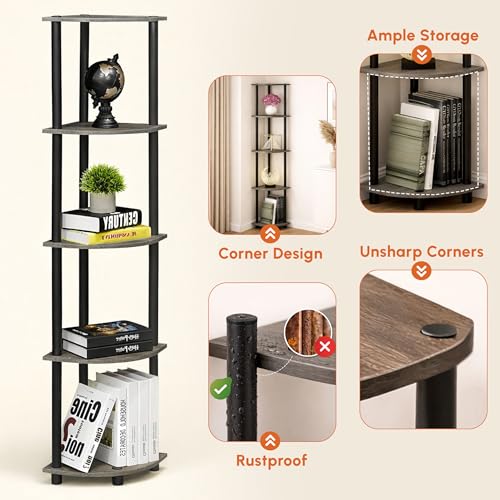 Image of JD FRESH 5-Tier Wooden Open Corner Rack /Table Corner Display Rack /Storage Shelf Stand /Multipurpose Shelf for Living Room, Bedroom, Home Office Display (Cambridge, Walnut)