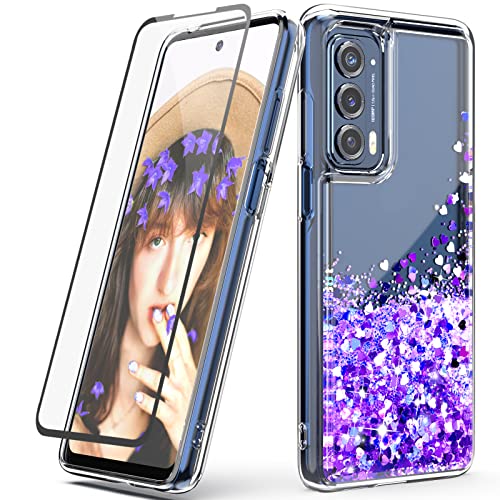 DagoRoo for Motorola Moto Edge 2021 Case with Tempered Glass Screen Protector, Girls Women Slim Flexible TPU Bling Liquid Case Cover for Motorola Edge 5G UW (LS-Purple)