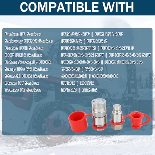 Image of 1 /4 inch Skid Steer Flat Face Hydraulic Quick Connect Couplers With Dust Covers - Compatible With Parker FE Series | Safeway FFE49 Series | Faster FFH Series