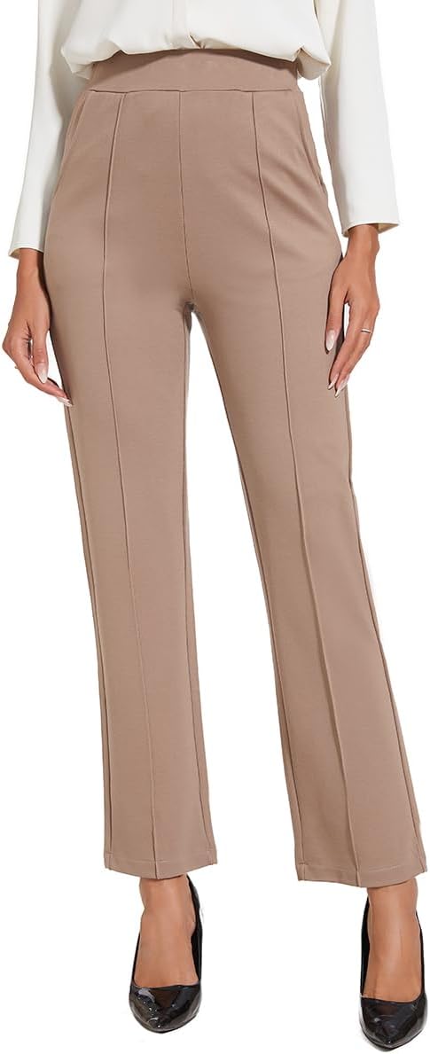 Women's Classic Stretchy Pull On High Rise Pants Straight Leg Slacks - Image 2