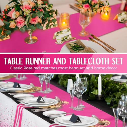 Image of Breling 8 Pack White and Hot Pink Disposable Plastic Tablecloths and Satin Table Runner Set, 54 x 108 Inch Tablecloth, 12 x 108 Inch Table Runners for Birthday Baby Shower Wedding Graduation