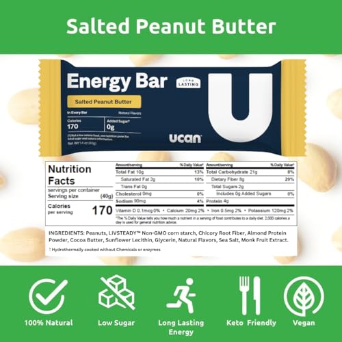 Image of UCAN Energy Bars | Low Sugar, Low Calories | Gut Friendly, Caffeine-Free, Vegan, Non-GMO, No Soy, Keto Friendly | Running, Cycling, Fitness, Pre & Post Workout | Salted Peanut Butter 12 Count