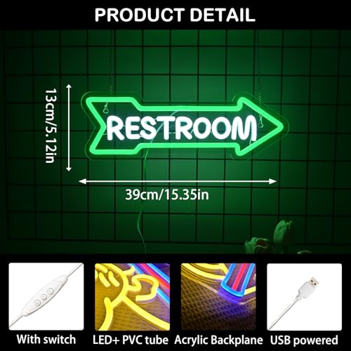 Image of Looklight Restroom Arrow Neon Sign for Wall Decoration Right Arrow LED Light Sign Decor White and Green for Bathroom Hotels,Bars, Hospitals, Homes and Other Places with Toilets