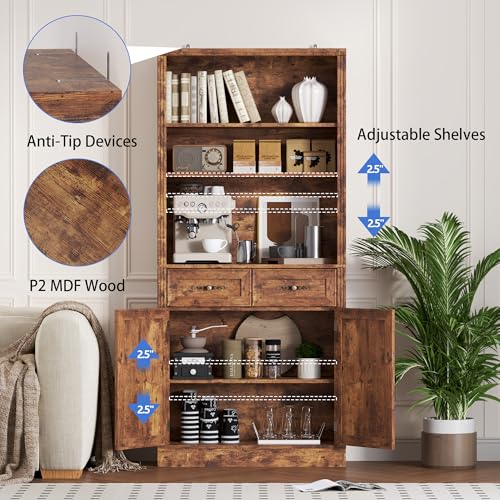 Image of BORNOON 70.1 inch Tall Bookshelf with Drawers & Cabinet, 5-Tier Floor Standing Bookcase with Storage Doors, Adjustable Shelves & Metal Handles, 31.5 inch Wide Organizer for Home Office, Living Room