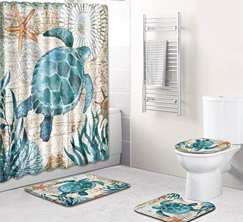 JZZCIDGa Retro Schildkröte Badematte Set 4 Stück Badematte U-Förmige Matte Duschvorhang Toilettensitz Badematte Anti…
