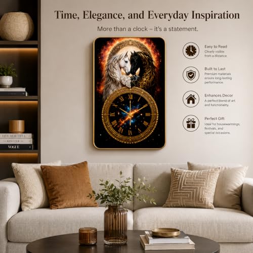 Image of Twin Horse Wall Clock 18 Inch | Silent Non-Ticking Galaxy Artwork Dial | Gold Roman Numerals | Premium PU Moulding Frame | Home Decor for Living Room Bedroom Office | Perfect Housewarming Diwali Gift