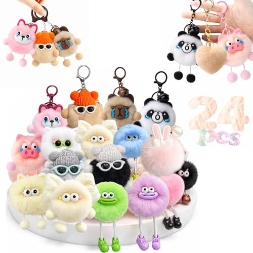 Wirelation 24 Pack Premium Plush Keychains with Dangling Legs High-Density Faux Fur Desk Buddy Bag Charm Zinc Alloy Keyring Classroom Prizes Birthday Party Favors Easter Basket Stuffers
