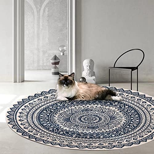 BANXNEW Circular Area Rug Indian Pattern Rug Imitation Cotton and Linen Rug, Retro Tassel Non-Slip Circular Rug for Bedroom, Living Room, Kitchen, Bathroom, Children's Room (Black 3ft Diameter)