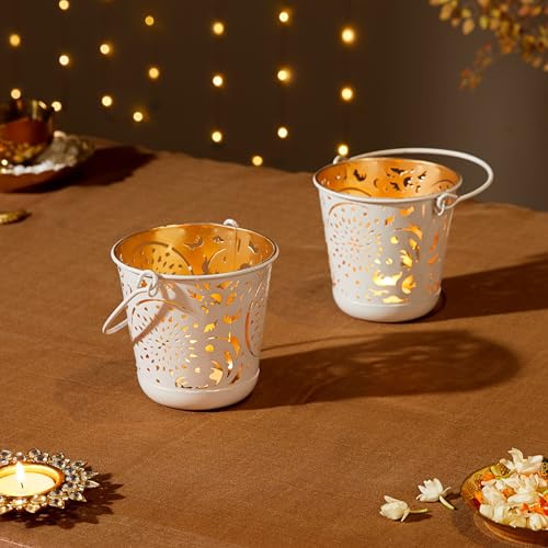 Image of Amazon Brand - Solimo Tea Light Votive - Round Shape with Handle, White Powder-Coated Iron with Gold Interior, Set of 2 (Size: L-11 cm x W-11 cm x H-10 cm)