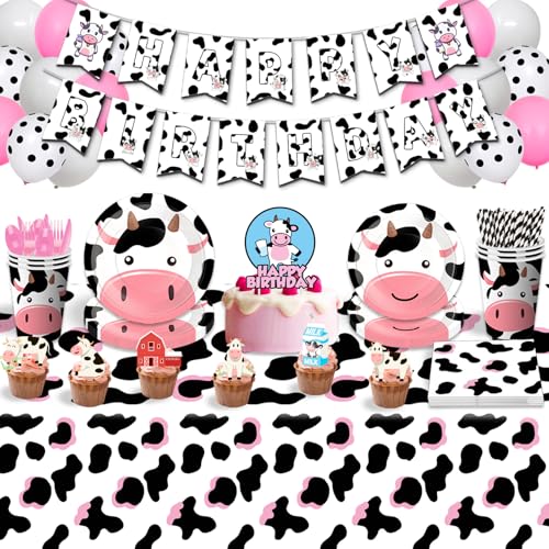 Cow theme Birthday Party Decorations Cow Print Birthday Party Supplies Include Plates Napkins Cups Forks Knives Spoons, Happy Birthday Banner, Cake Topper, Balloons, Tablecloths