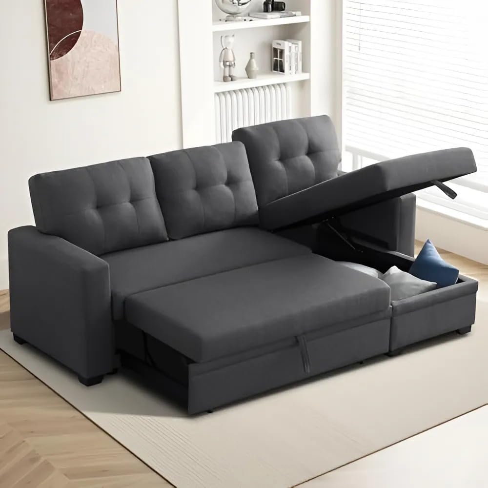 Torque Lucia L Shape Sofa Cuma Bed with Storage- Dark Gray RHS | Corner Sofa Cum Bed Folding| L Shape 4 Seater Sofa Set for Living Room Guest Room Festival Wedding Gift