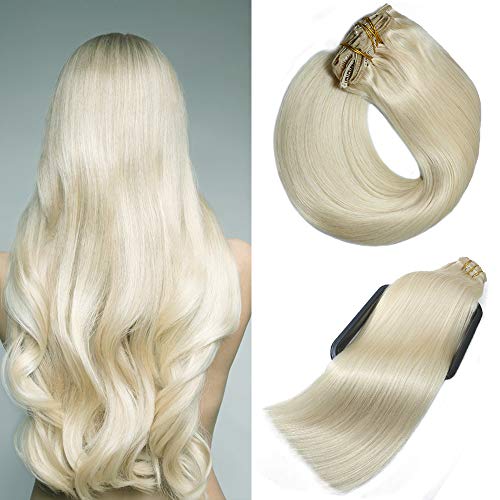 Aison 14 inch 10 pcs 120g Human Hair Extensions Clip in Platinum Blonde/lightest Blonde thick black hair wefts Remy Human Hair Extensions Short Thick Blonde Hair