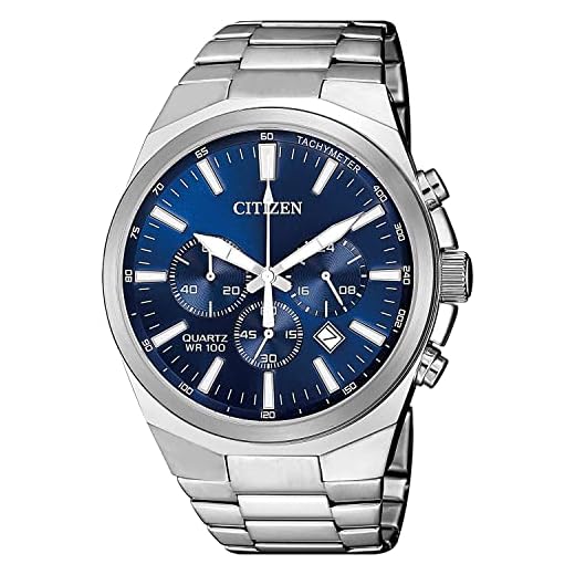 Citizen Relógio masculino clássico cronógrafo de quartzo, aço inoxidável, Pulseira de prata, mostrador azul, Pulseira clássica de aço inoxidável com cronógrafo de quartzo prateado