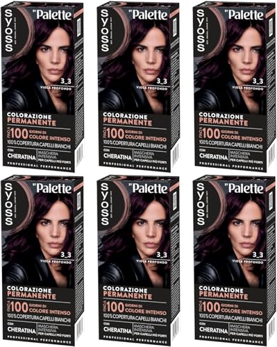 Syoss by Palette Colorazione Permanente 3-3 Viola Profondo, Colorazione capelli permanente con Cheratina, copertura dei capelli bianchi, fino a 100 giorni di colore intenso, confezione da 6