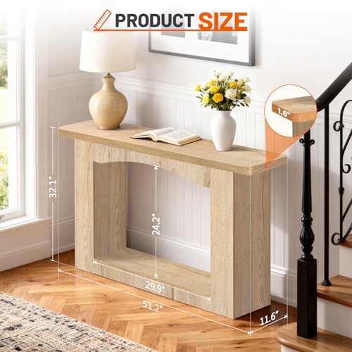 Image of Sonharlar 51 Inch Entryway Table U-Shaped Extension, 1.6 Inch Thick Desktop Wooden Console Table with Socket Farmhouse Sofa Table for Entrance, Hallway, Living Room,Behind Couch((Natural Brown)