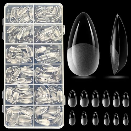 12 Sizes 504 Pcs Acrylic Nail Tips: Teardrop Almond Shape Poly Gel Nail Kit - Full Cover Nail Tips - Natural Curve Shape - DIY Nails & Salon Use