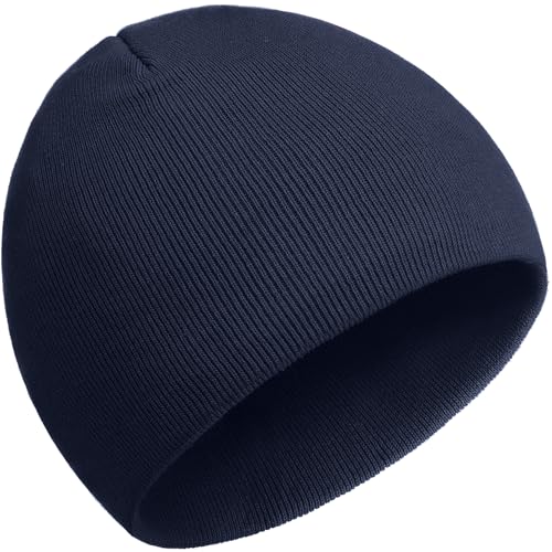 100% Cotton No Cuff Beanie Hat for Men Women Cuffless Soft Warm Unisex Ribbed Knit Winter Fisherman Skull Cap Navy Blue