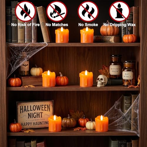Image of Orange Flameless Votive Candles Battery Operated with Remote Timer | 400 Hours Long Lasting Battery Included, LED Tealights Flickering Dripping Wax, Halloween Indoor Decor, 2 inchD x 2.5 inchH, 6 Pack