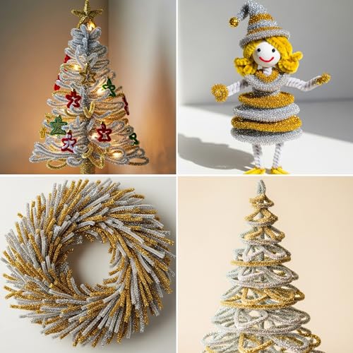 Image of Caydo 200 Pieces Glitter Golden & Silver Pipe Cleaners | Thick Fluffy Chenille Stems, Pipe Cleaner Crafts for Arts & Crafts, Perfect for Making Animals, Flowers