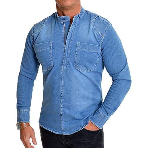 Men's Heavy Duty Denim Jean Shirt Zipper Grandad Collar Front Pockets Acid Wash Blue Slim Fit XL Cover