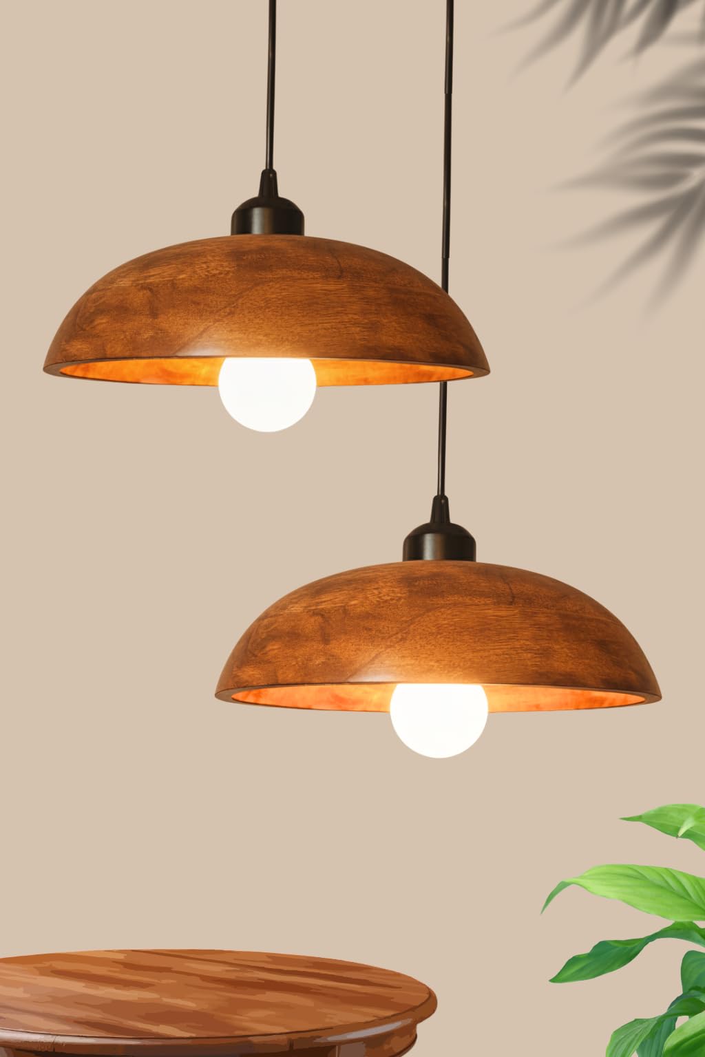 Wooden Hanging Pendant Lights for Ceiling (Pack of 2) | Modern Walnut Dome Hanging lamp for Living Room with Adjustable Cord | Pendant Lights for Kitchen & Balcony-image-6